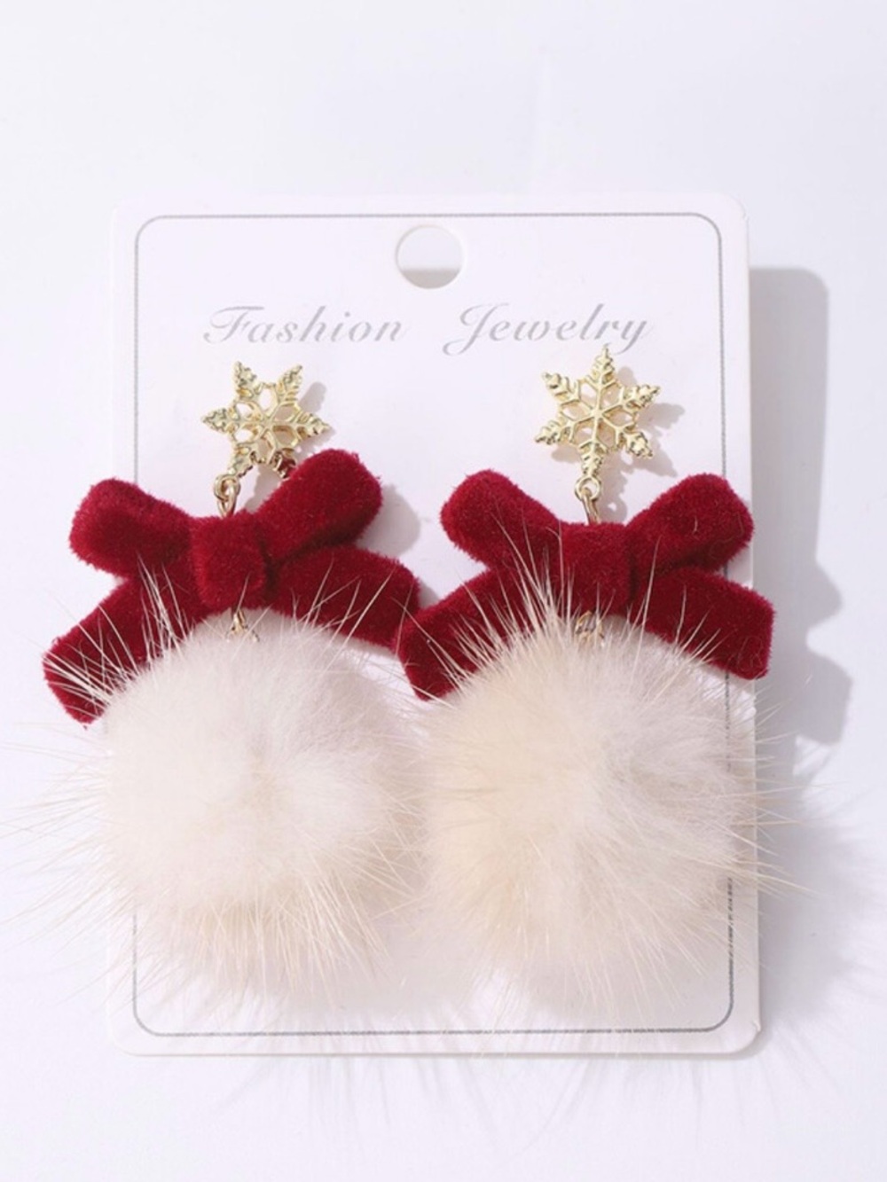NWT Snowflake Earrings with Red Velvet Bow & Cream Faux Fur Pom Pom